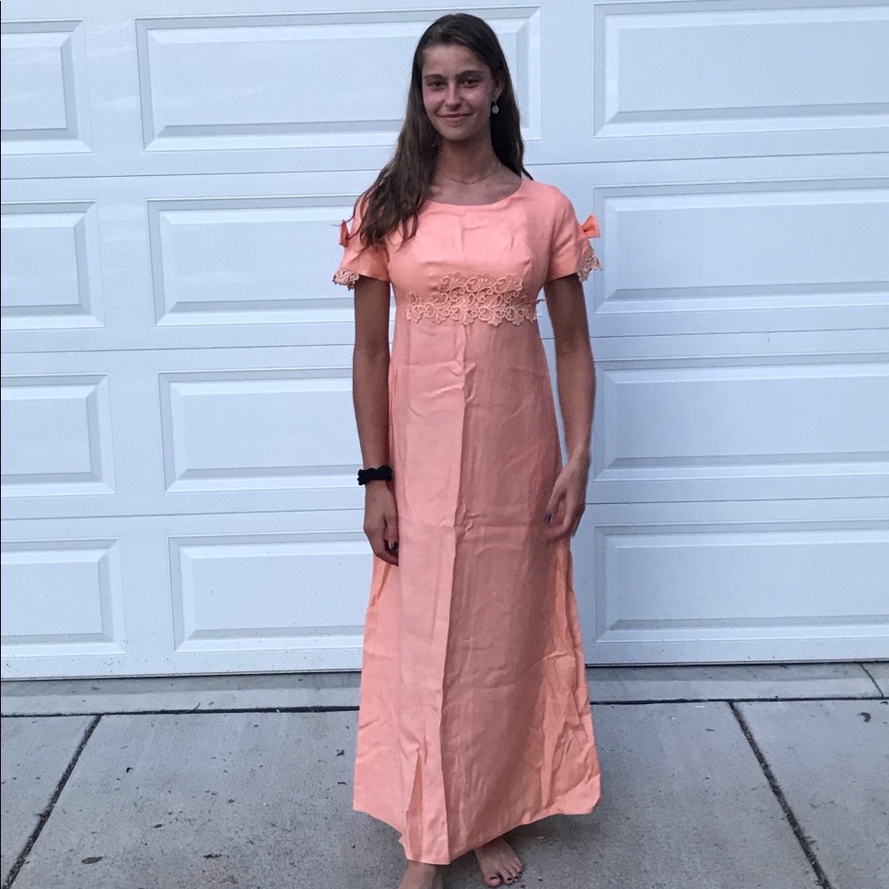 Vntg 1970 hippie glam peach empire waistline dress